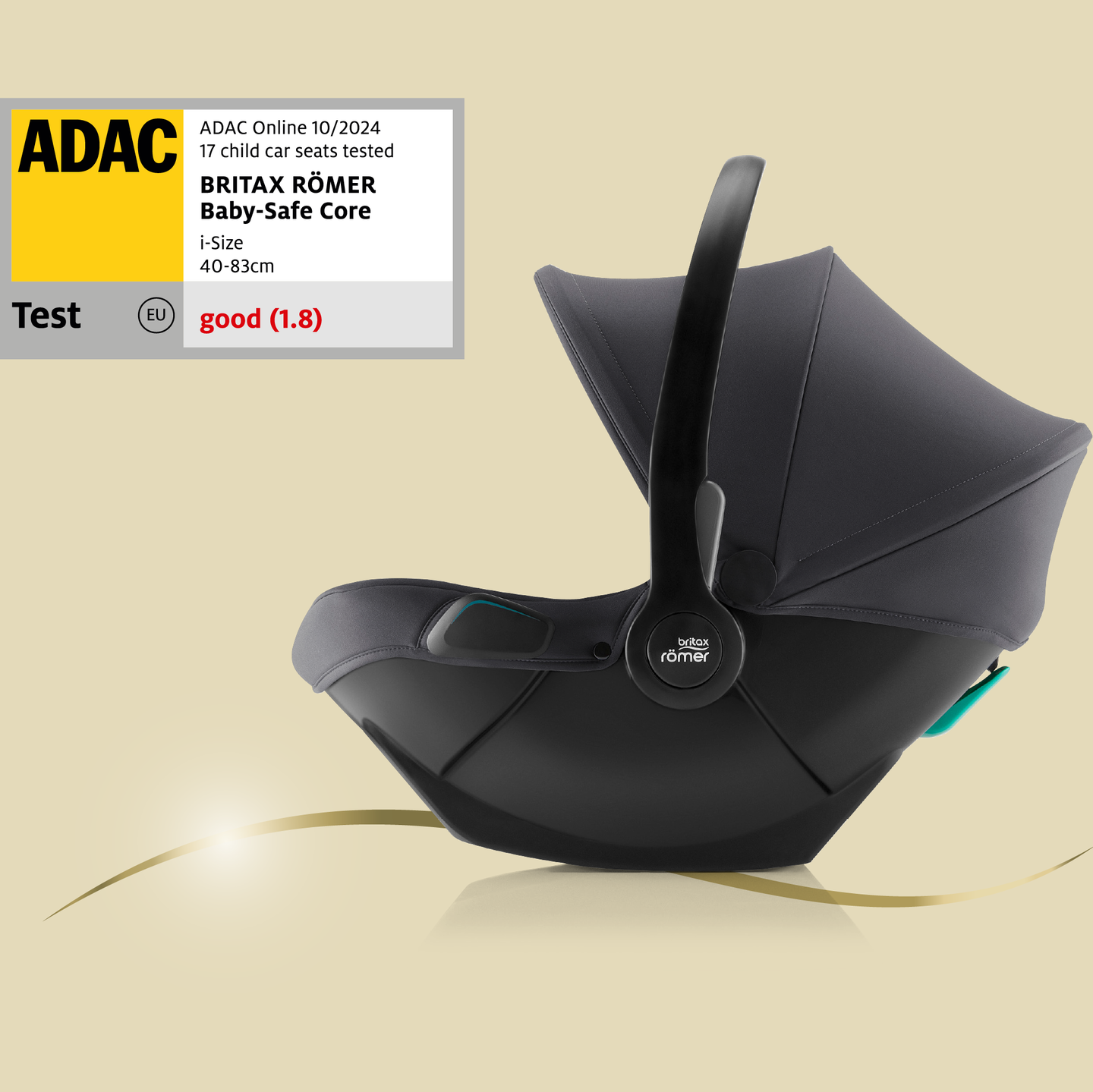 Si&egrave;ge-auto pour b&eacute;b&eacute; Britax R&ouml;mer BABY-SAFE CORE ; &agrave; c&ocirc;t&eacute;, un label de test ADAC avec la mention bon (1,8).